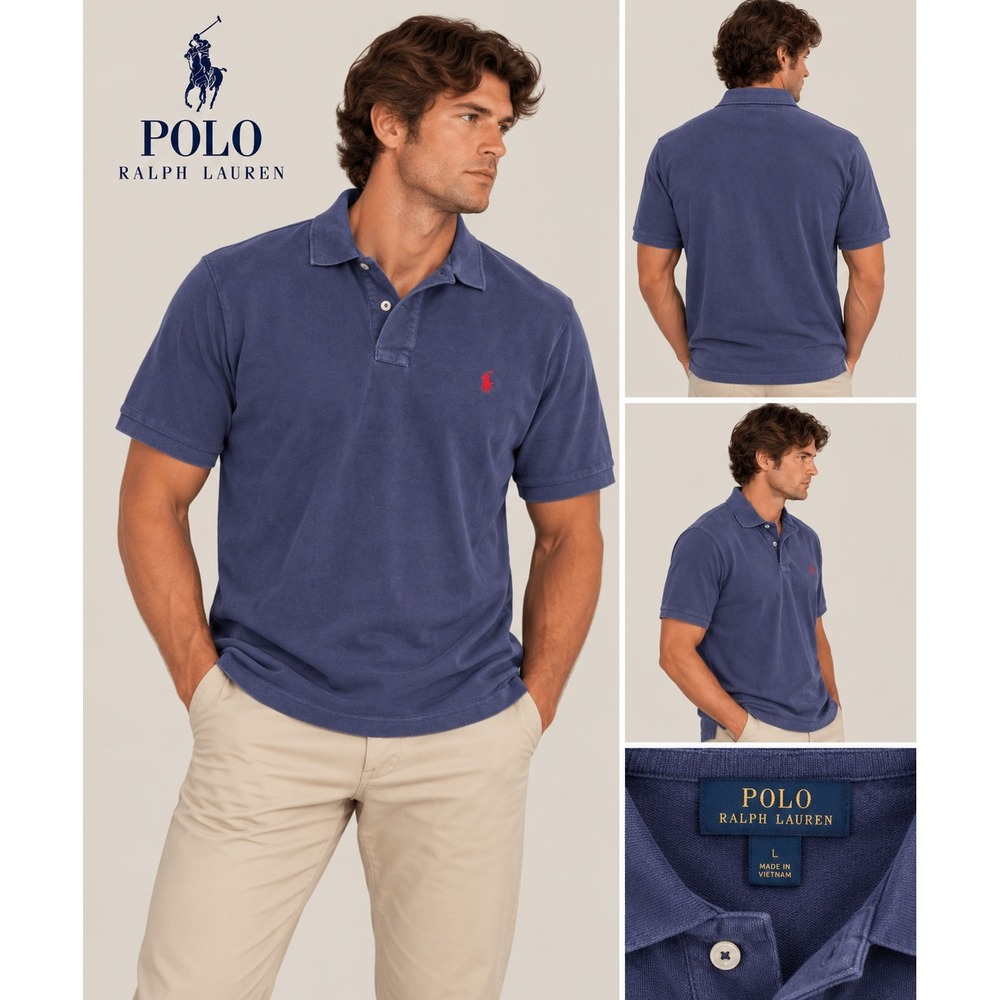 Polo Ralph Lauren Mens Navy Blue Custom Slim Fit Short Sleeve Polo Shirt Large